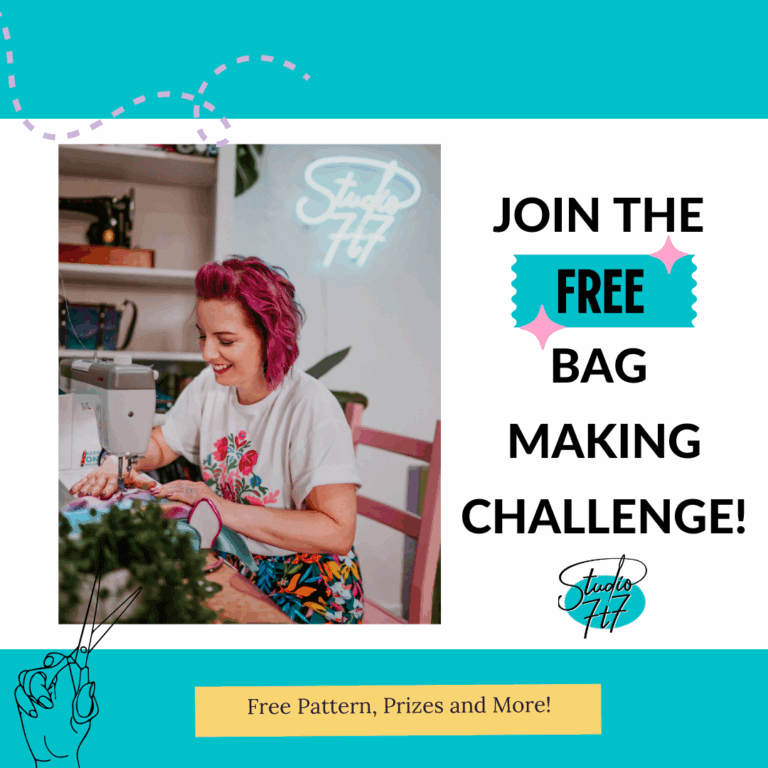 a lady sits at a sewing machine making a bag, 'join th efree bag making challenge' 'free pattern, prizes and more!