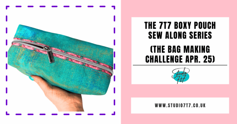 a hand holds a boxy pouch in green with a pink zip. it is pencil case sized. text reads 'the t7 boxy pouch sew along series (The bag making challenge arp. 2025) on a pink background. with the studio 7t7 logo below.