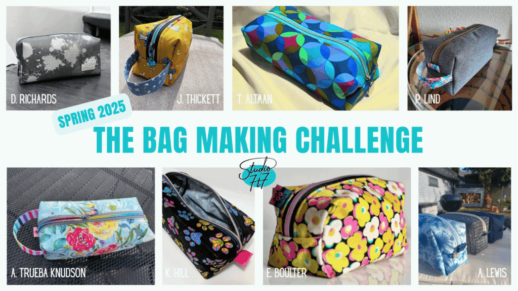 The spring bag making challenge collage of completed pouches. Various colourful small boxy zipper pouches at different angles all sewn by home sewists.