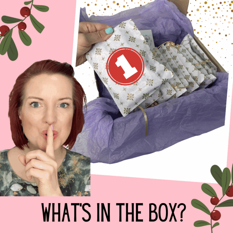 24 days of bag making, 'whats inside the box' with Emma of Studio 7t7 with her finger over her lips in a 'shh' motion. A box of wrapped parcels, one for each day behind with the number one being shown in a hand lifted out of the box. Mistletoe is around two opposing corners.