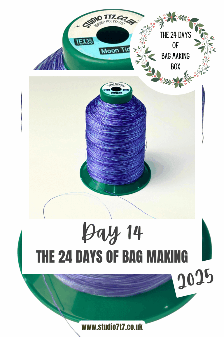 day 14 of the 24 days of bag making 2025 - a spool of thread in blue and purple tex 35 moon tide on the lable