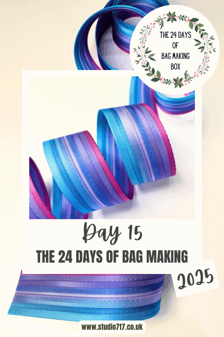 day 15 of the 24 days of bag making - 1.5" webbing for bag making, coiled across the image, studio 7t7 logo and website www.studio7t7.co.uk
