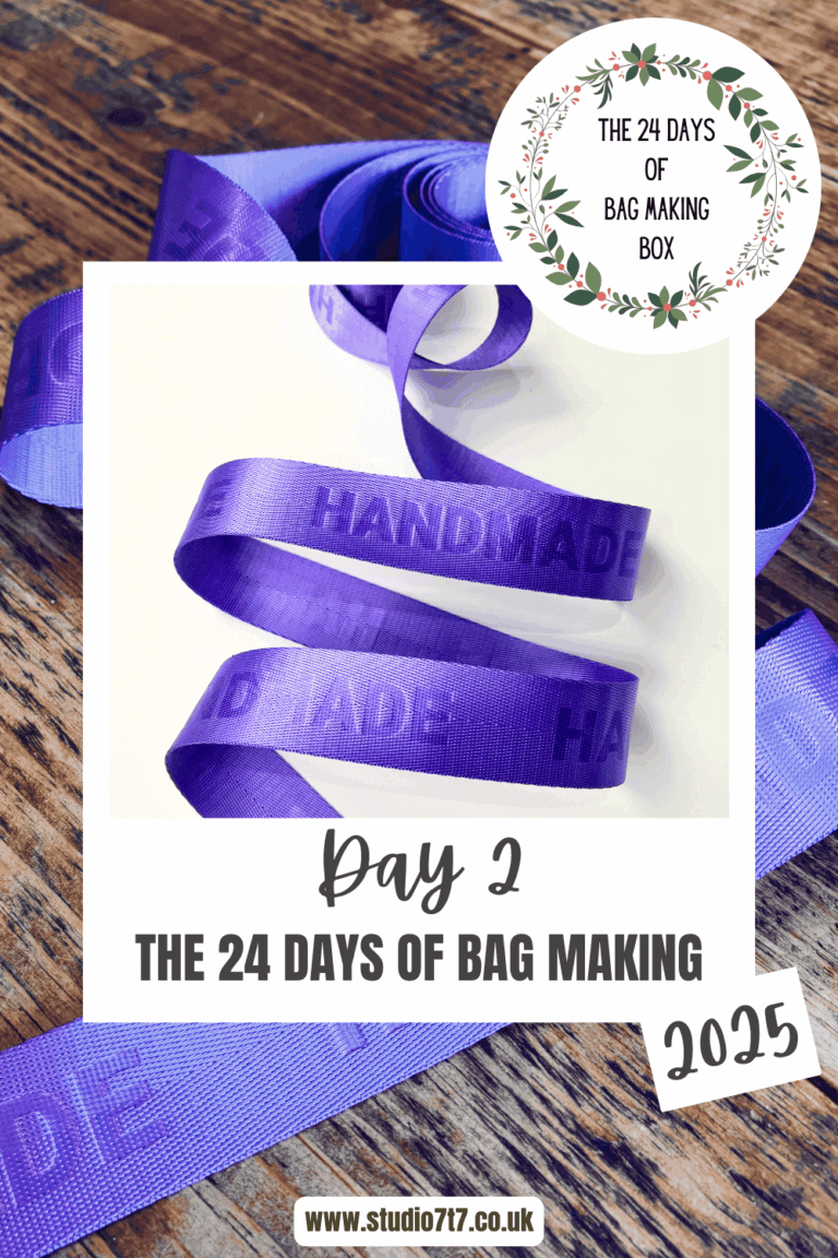 Purple webbing is coiled and wrapped across the page. The webbing says ' handmade across it.