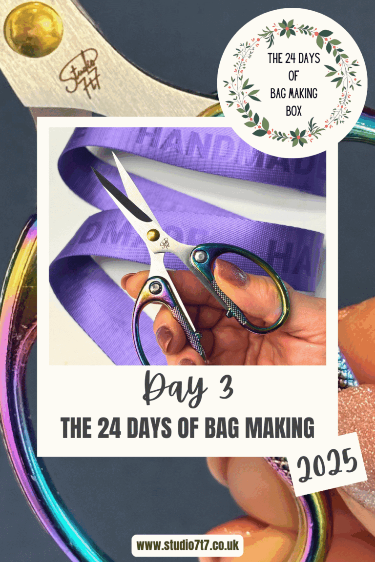 rainbow handle scissors on a purple webbing background with studio 7t7 logo in the middle.