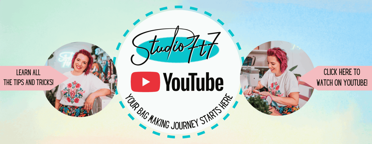 youtube tutorials for bag making banner. sitting at a sewing machine making bags