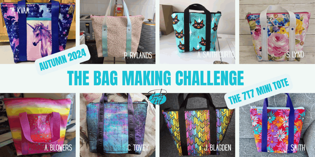 2024 bag making challenge from studio 7t7 previous bags made from the challenge a collage of 8 different bags made by people who joined in 2024 autumn