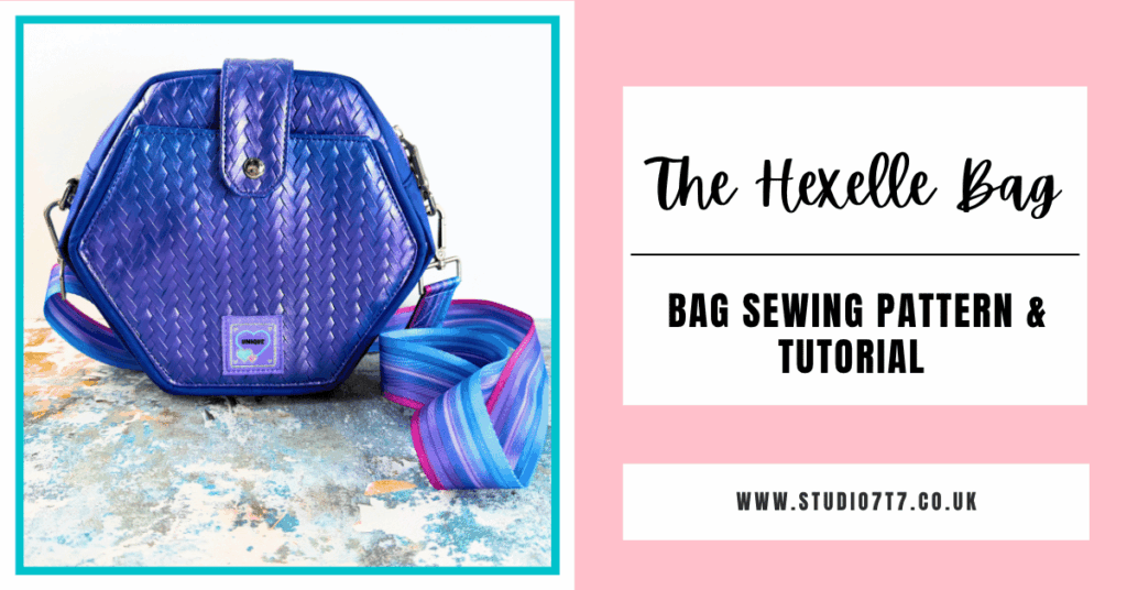 The Hexelle bag sewing pattern and tutorial by Studio7t7 – purple woven hexagon cross body bag with striped strap
