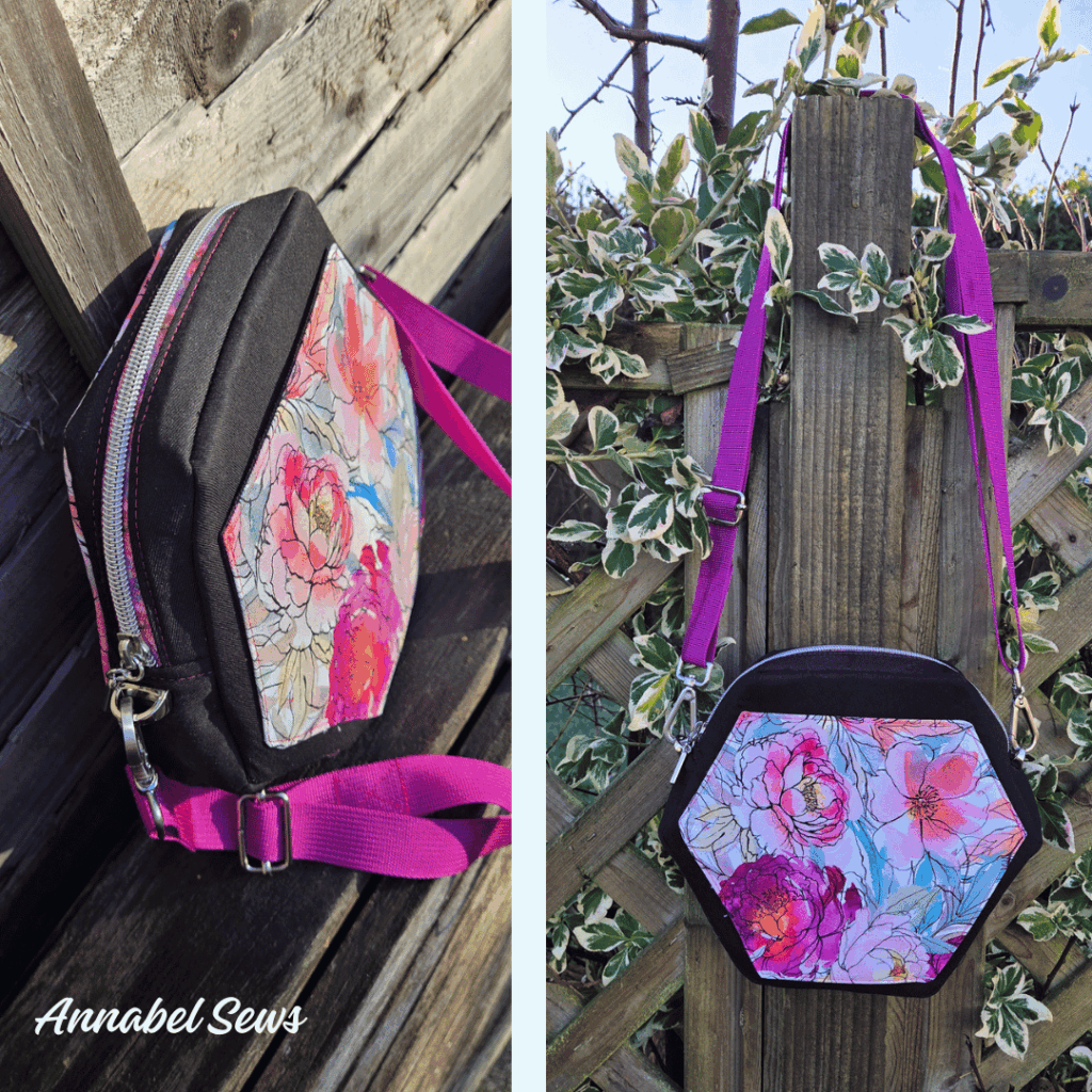 Black and peony floral print hexagon cross body bag with purple strap – customer make of The Hexelle bag sewing pattern by Studio7t7